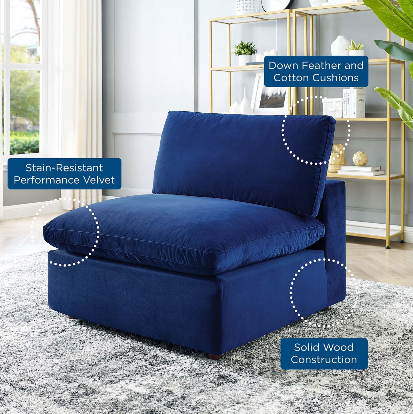 Commix Down Filled Overstuffed Performance Velvet Armless Chair Navy EEI-4367-NAV