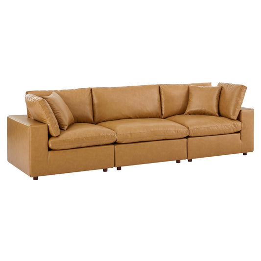 Commix Down Filled Overstuffed Vegan Leather 3-Seater Sofa Tan EEI-4914-TAN