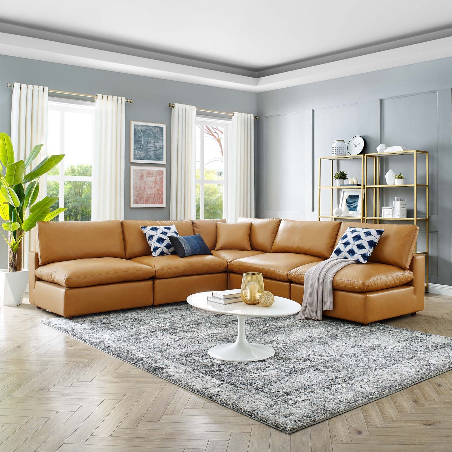 Commix Down Filled Overstuffed Vegan Leather 5-Piece Sectional Sofa Tan EEI-4919-TAN