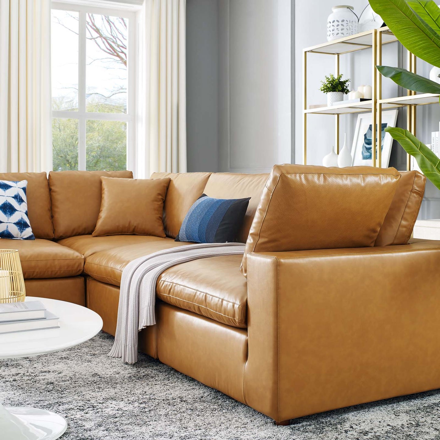 Commix Down Filled Overstuffed Vegan Leather 5-Piece Sectional Sofa Tan EEI-4920-TAN