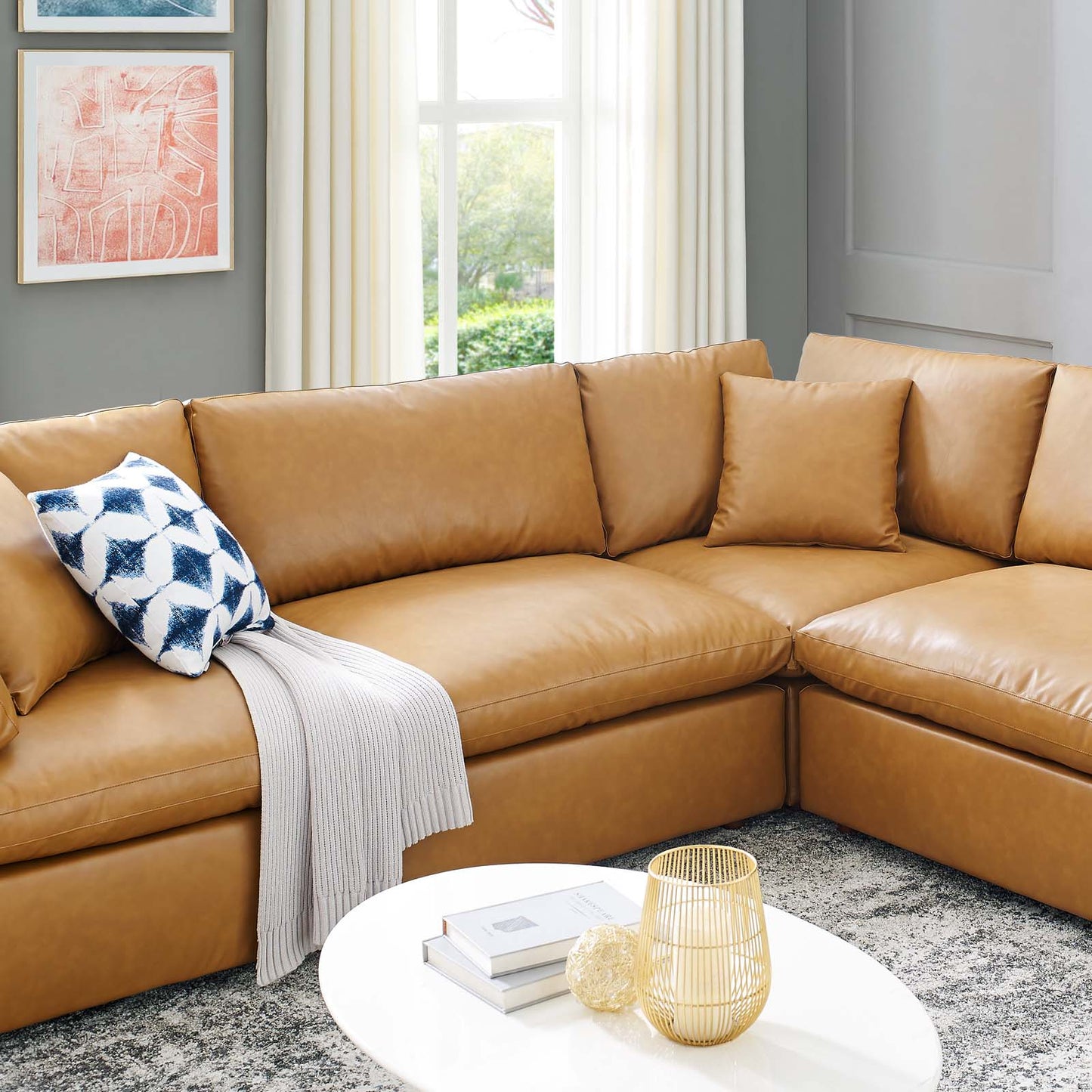 Commix Down Filled Overstuffed Vegan Leather 8-Piece Sectional Sofa Tan EEI-4923-TAN