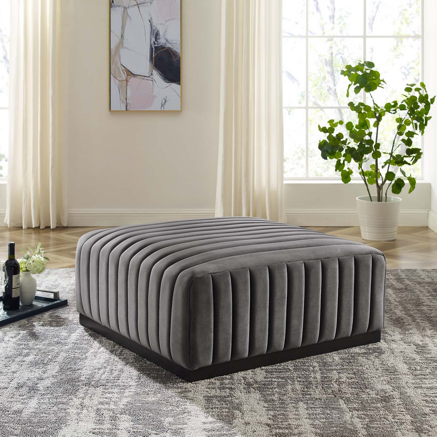 Conjure Channel Tufted Performance Velvet Ottoman Black Gray EEI-5500-BLK-GRY