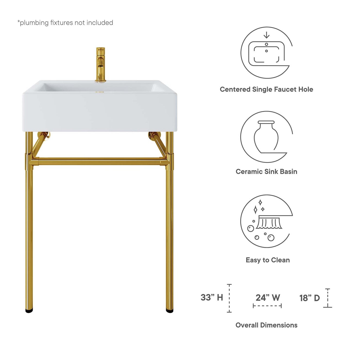 Redeem 24" Wall-Mount Gold Stainless Steel Bathroom Vanity Gold White EEI-5536-GLD-WHI