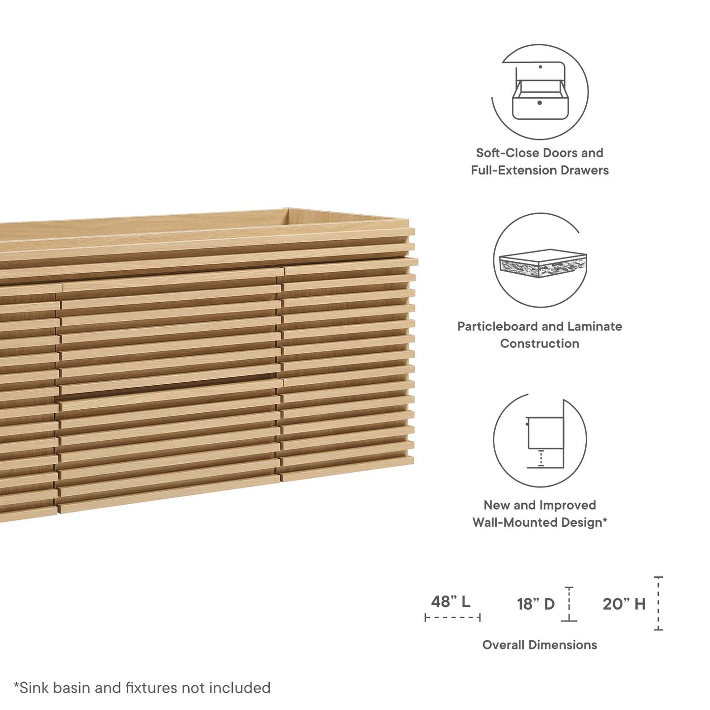 Render 48" Single Sink Compatible (Not Included) Bathroom Vanity Cabinet Oak EEI-5866-OAK