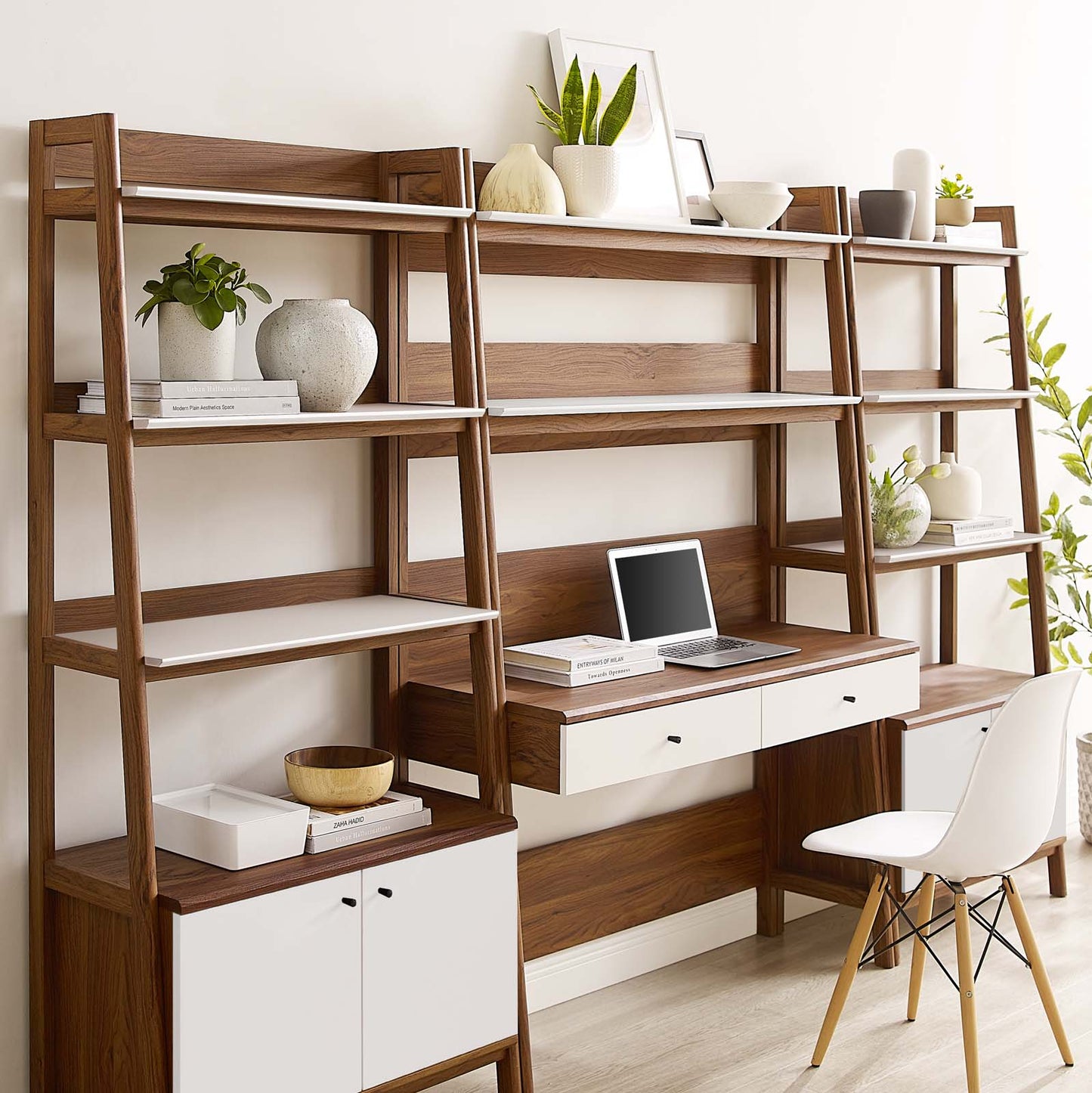 Bixby 3-Piece Wood Office Desk and Bookshelf Walnut White EEI-6115-WAL-WHI