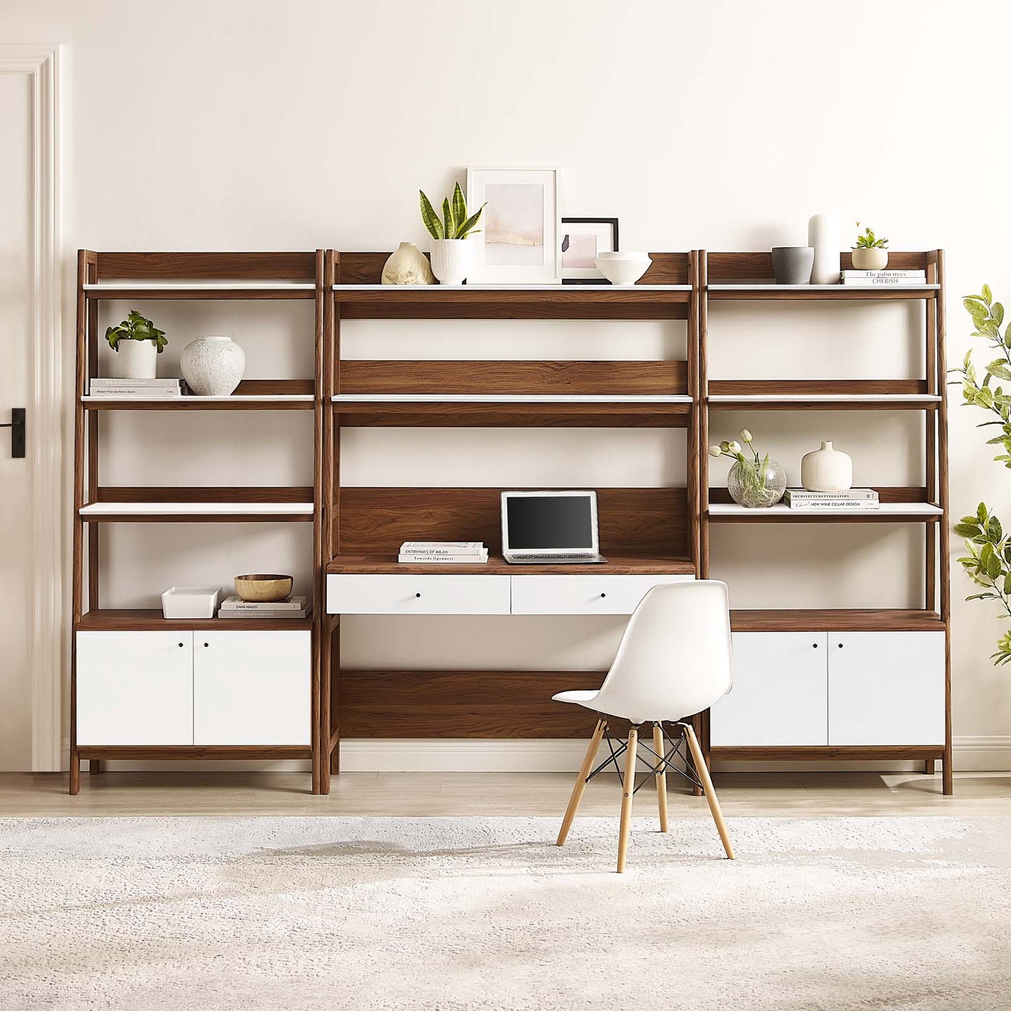 Bixby 3-Piece Wood Office Desk and Bookshelf Walnut White EEI-6115-WAL-WHI