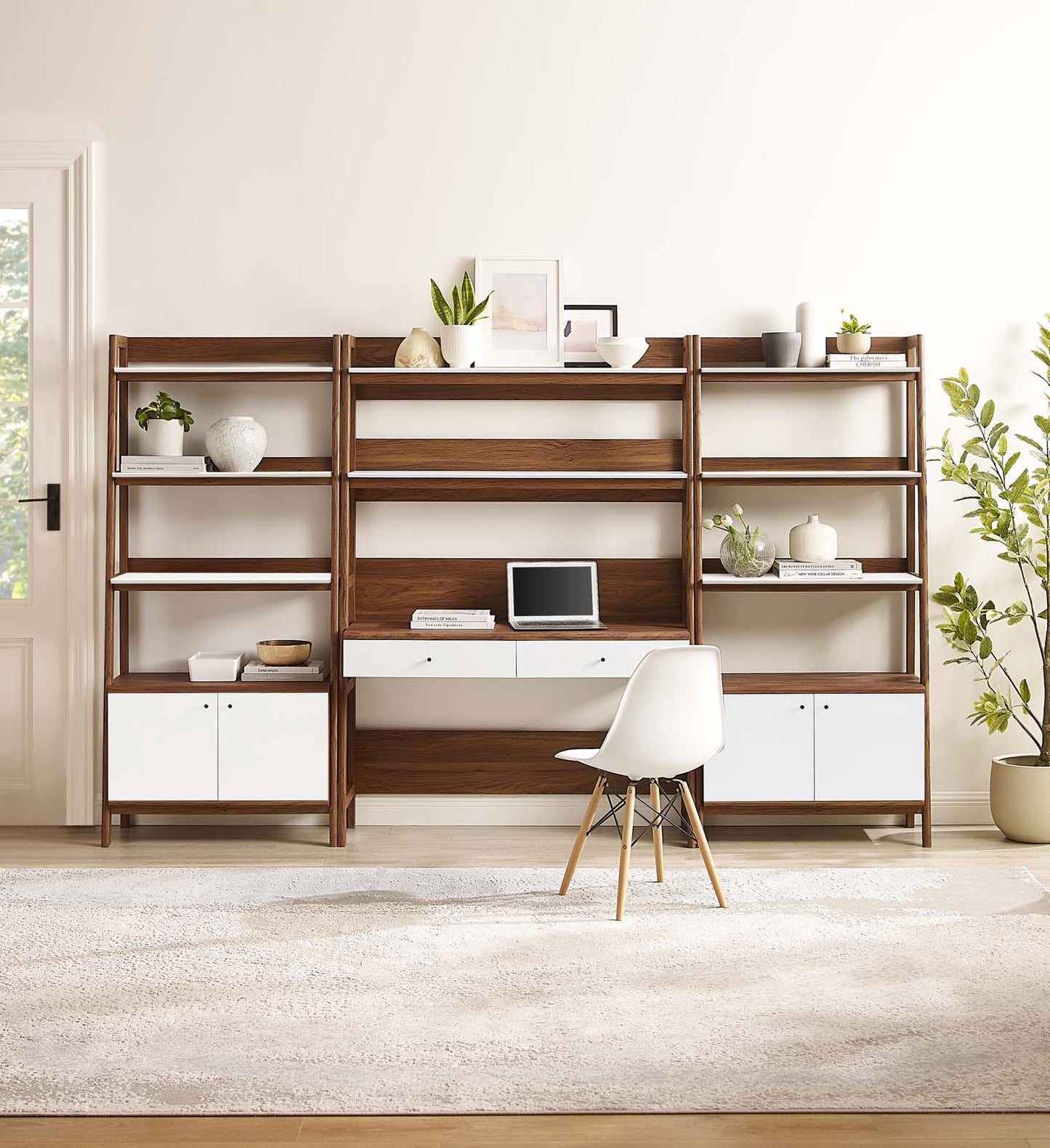 Bixby 3-Piece Wood Office Desk and Bookshelf Walnut White EEI-6115-WAL-WHI