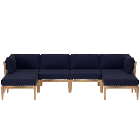 Clearwater Outdoor Patio Teak Wood 6-Piece Sectional Sofa Gray Navy EEI-6122-GRY-NAV