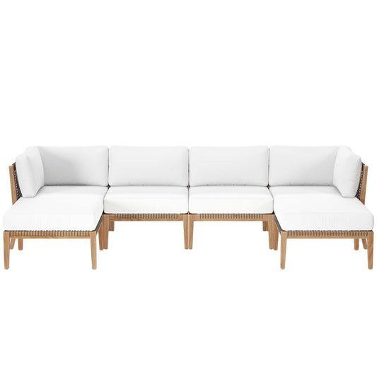 Clearwater Outdoor Patio Teak Wood 6-Piece Sectional Sofa Gray White EEI-6122-GRY-WHI