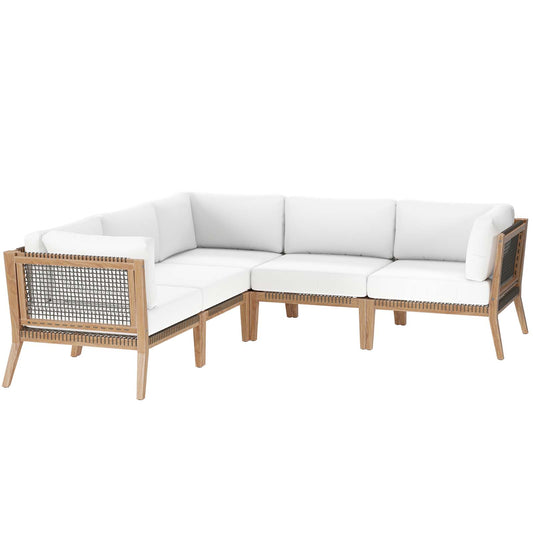 Clearwater Outdoor Patio Teak Wood 5-Piece Sectional Sofa Gray White EEI-6123-GRY-WHI