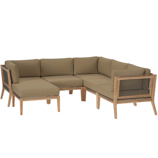 Clearwater Outdoor Patio Teak Wood 6-Piece Sectional Sofa Gray Light Brown EEI-6124-GRY-LBR