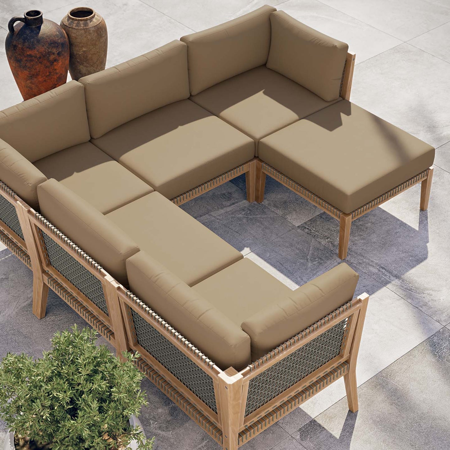 Clearwater Outdoor Patio Teak Wood 6-Piece Sectional Sofa Gray Light Brown EEI-6124-GRY-LBR