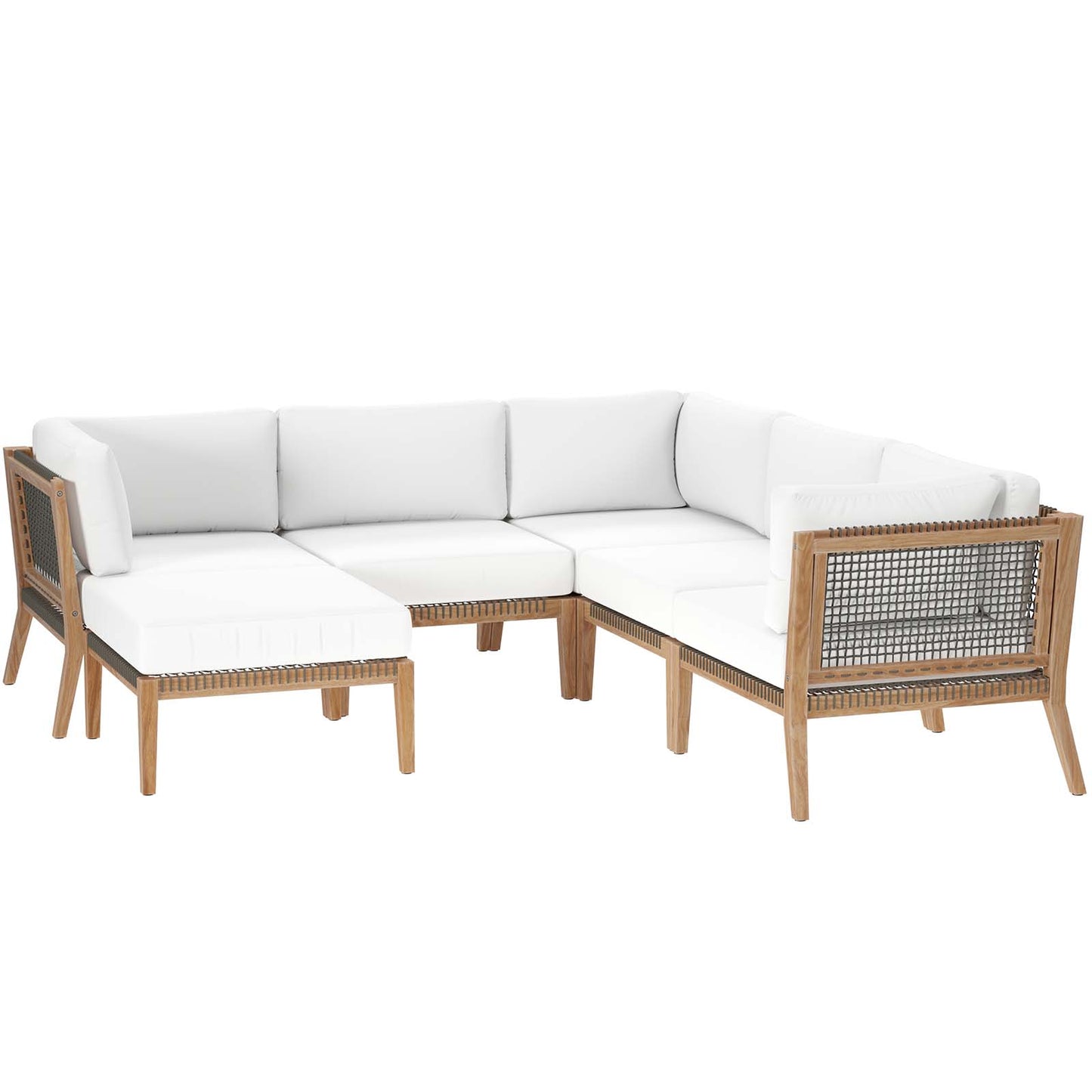 Clearwater Outdoor Patio Teak Wood 6-Piece Sectional Sofa Gray White EEI-6124-GRY-WHI