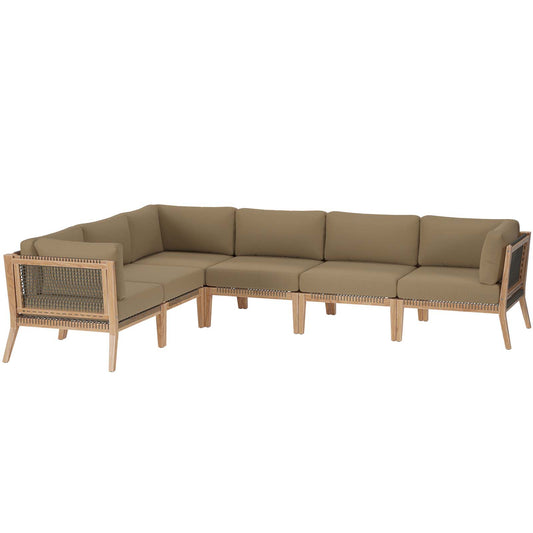 Clearwater Outdoor Patio Teak Wood 6-Piece Sectional Sofa Gray Light Brown EEI-6125-GRY-LBR