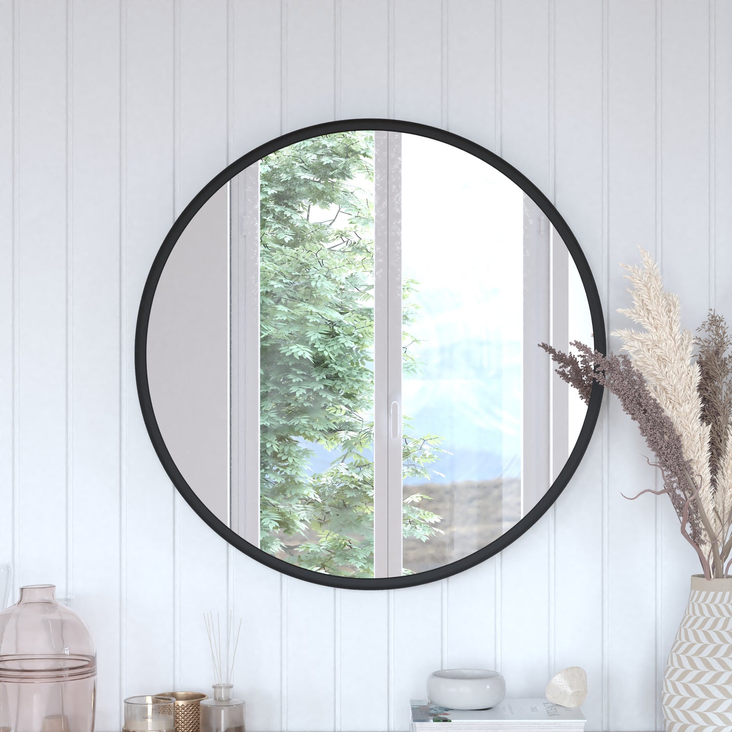 Black 30" Round Wall Mirror HMHD-22M116YA-BLK-GG