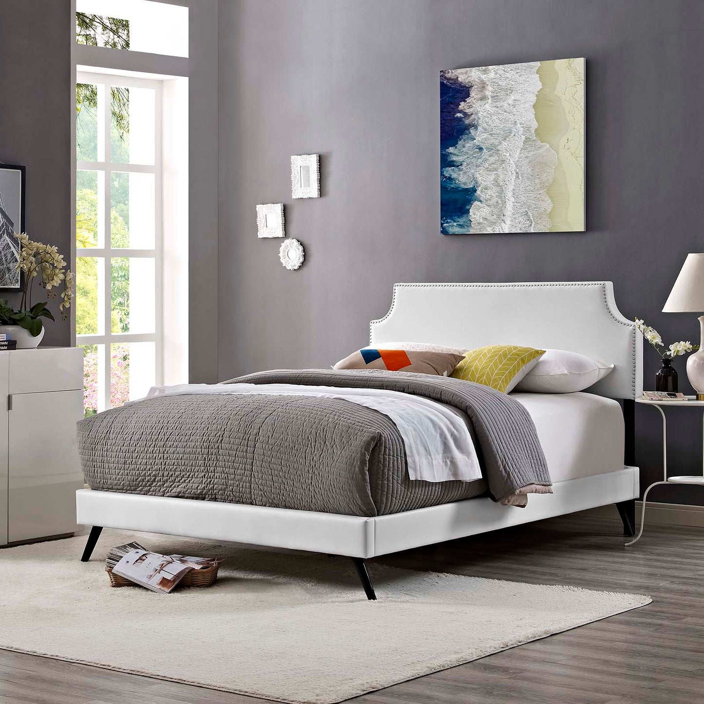 Corene Full Vinyl Platform Bed with Round Splayed Legs White MOD-5944-WHI