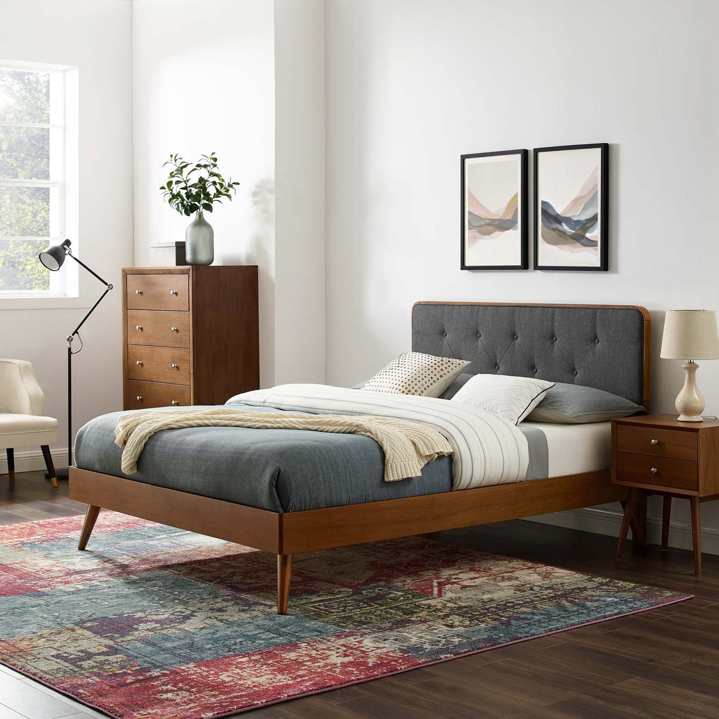Bridgette Queen Wood Platform Bed With Splayed Legs Walnut Charcoal MOD-6388-WAL-CHA