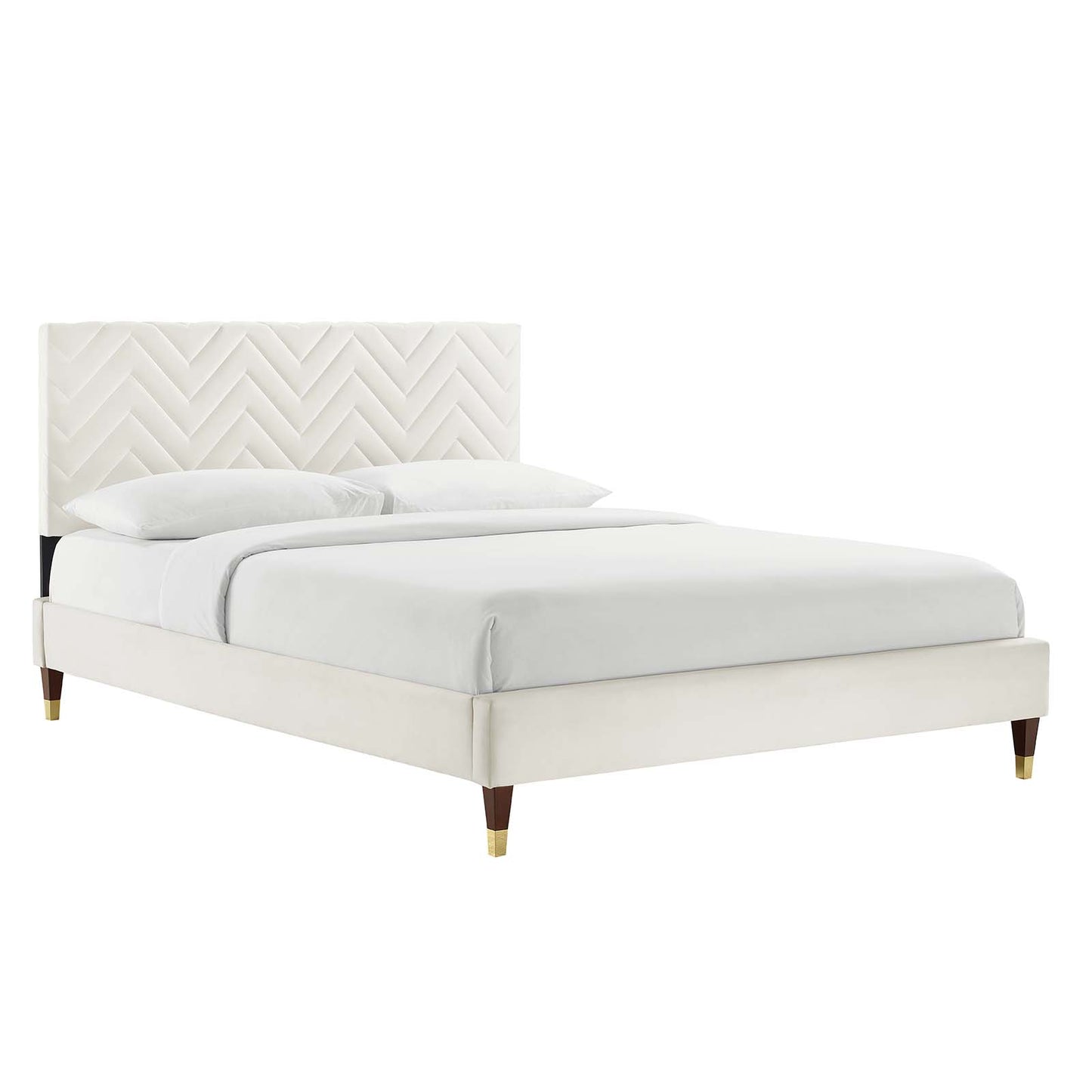 Leah Chevron Tufted Performance Velvet Queen Platform Bed White MOD-6969-WHI