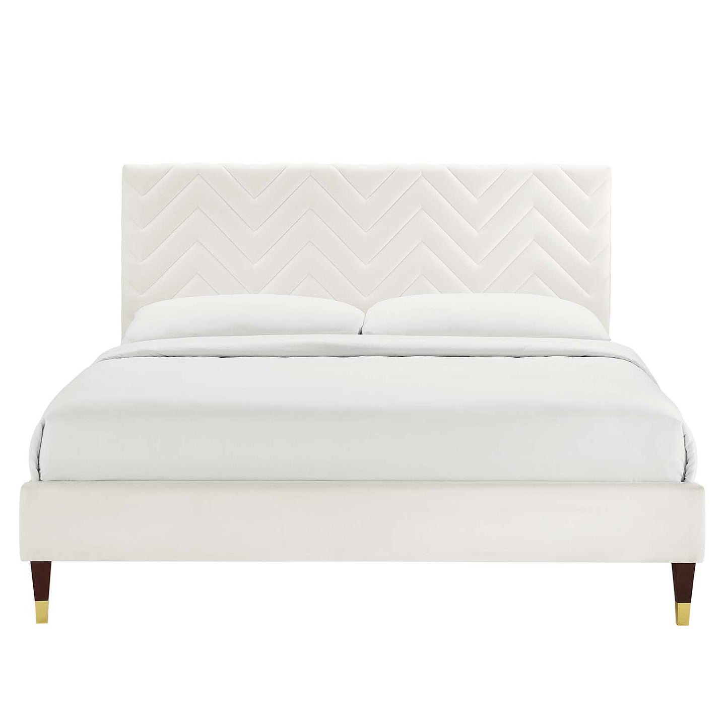 Leah Chevron Tufted Performance Velvet Queen Platform Bed White MOD-6969-WHI