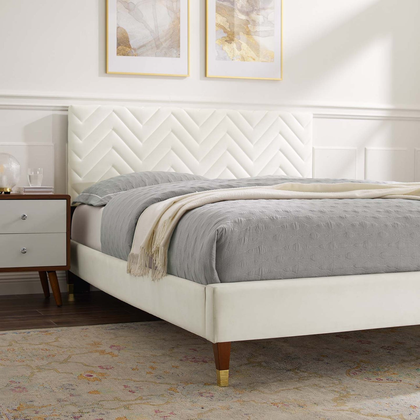 Leah Chevron Tufted Performance Velvet Queen Platform Bed White MOD-6969-WHI