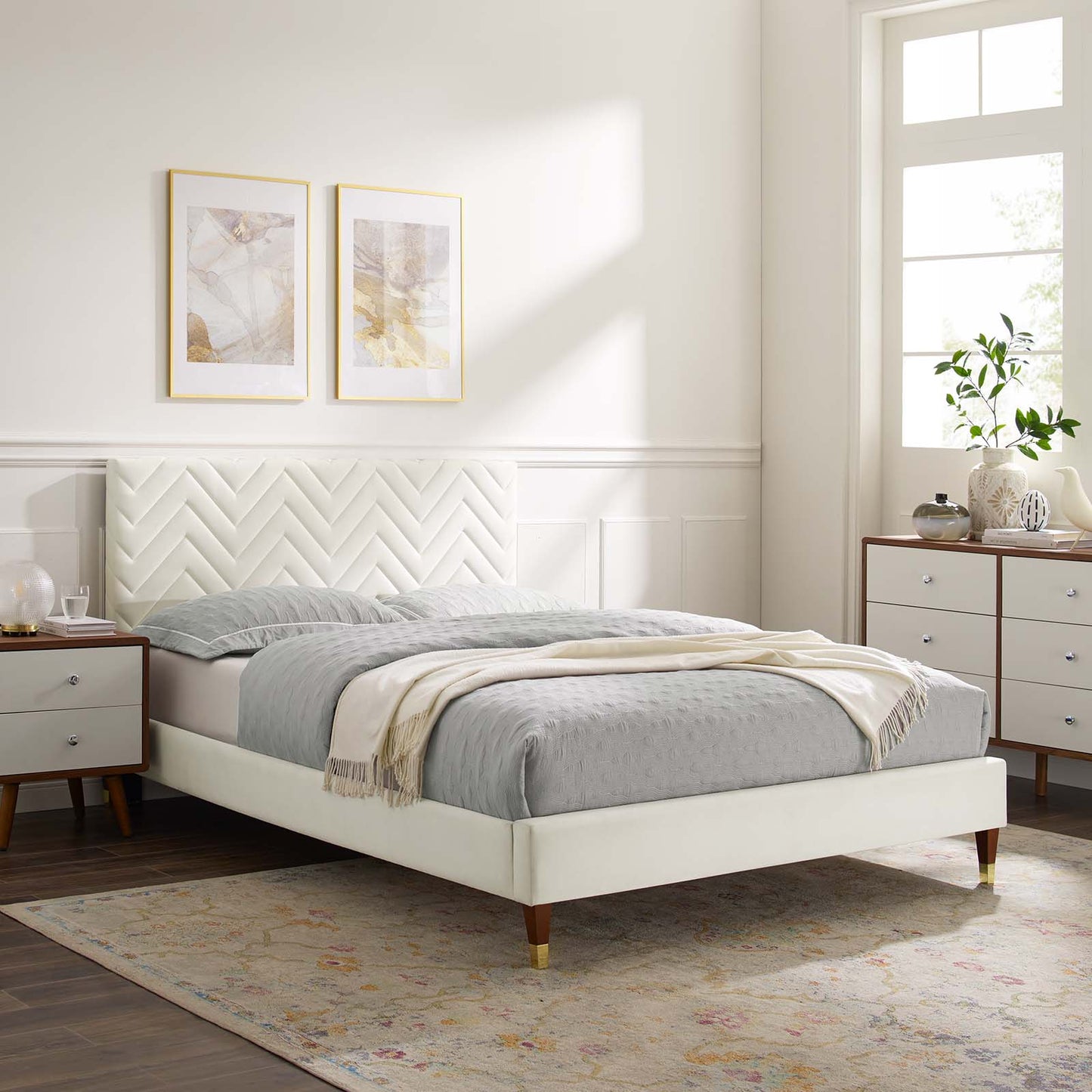 Leah Chevron Tufted Performance Velvet Queen Platform Bed White MOD-6969-WHI