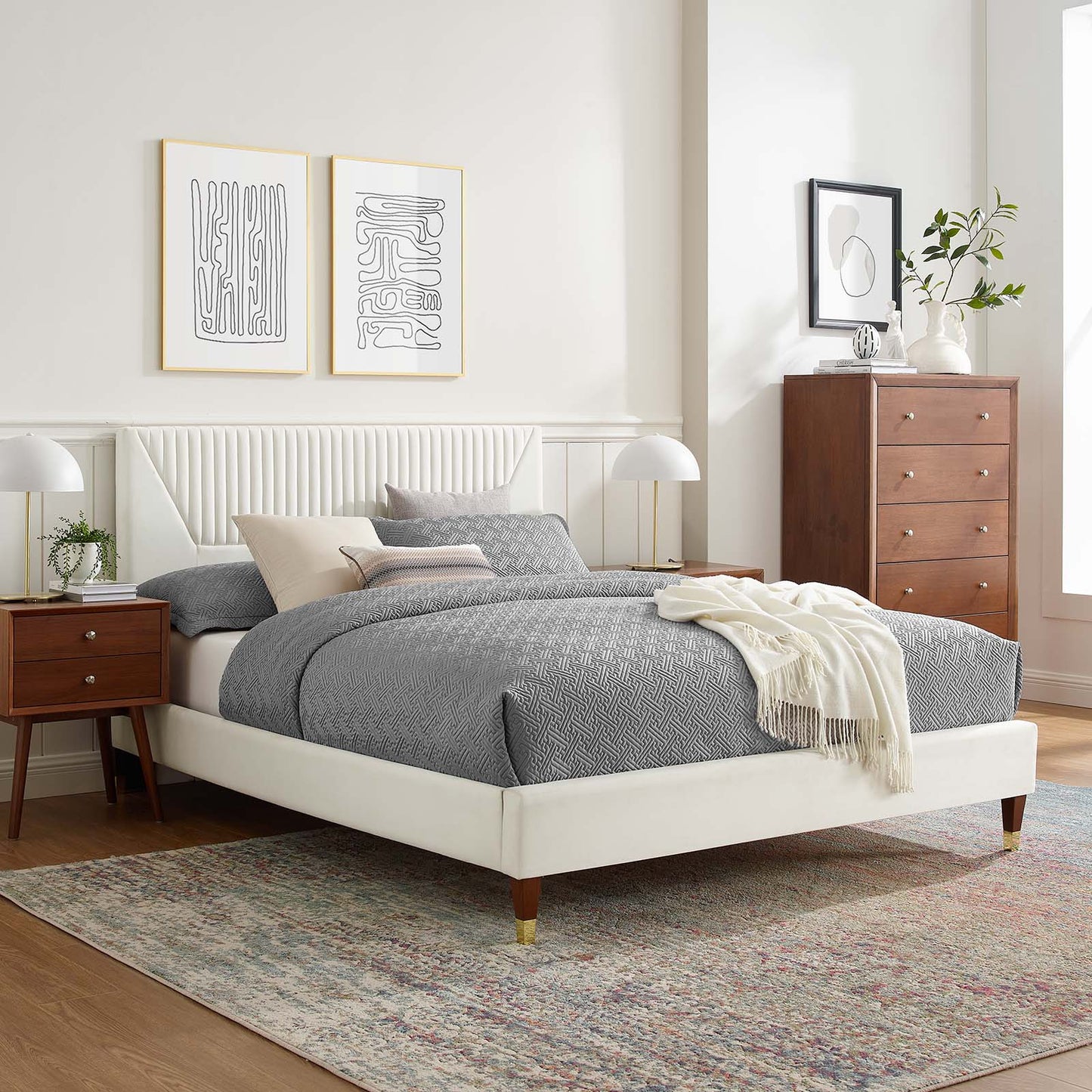 Yasmine Channel Tufted Performance Velvet Queen Platform Bed White MOD-6972-WHI