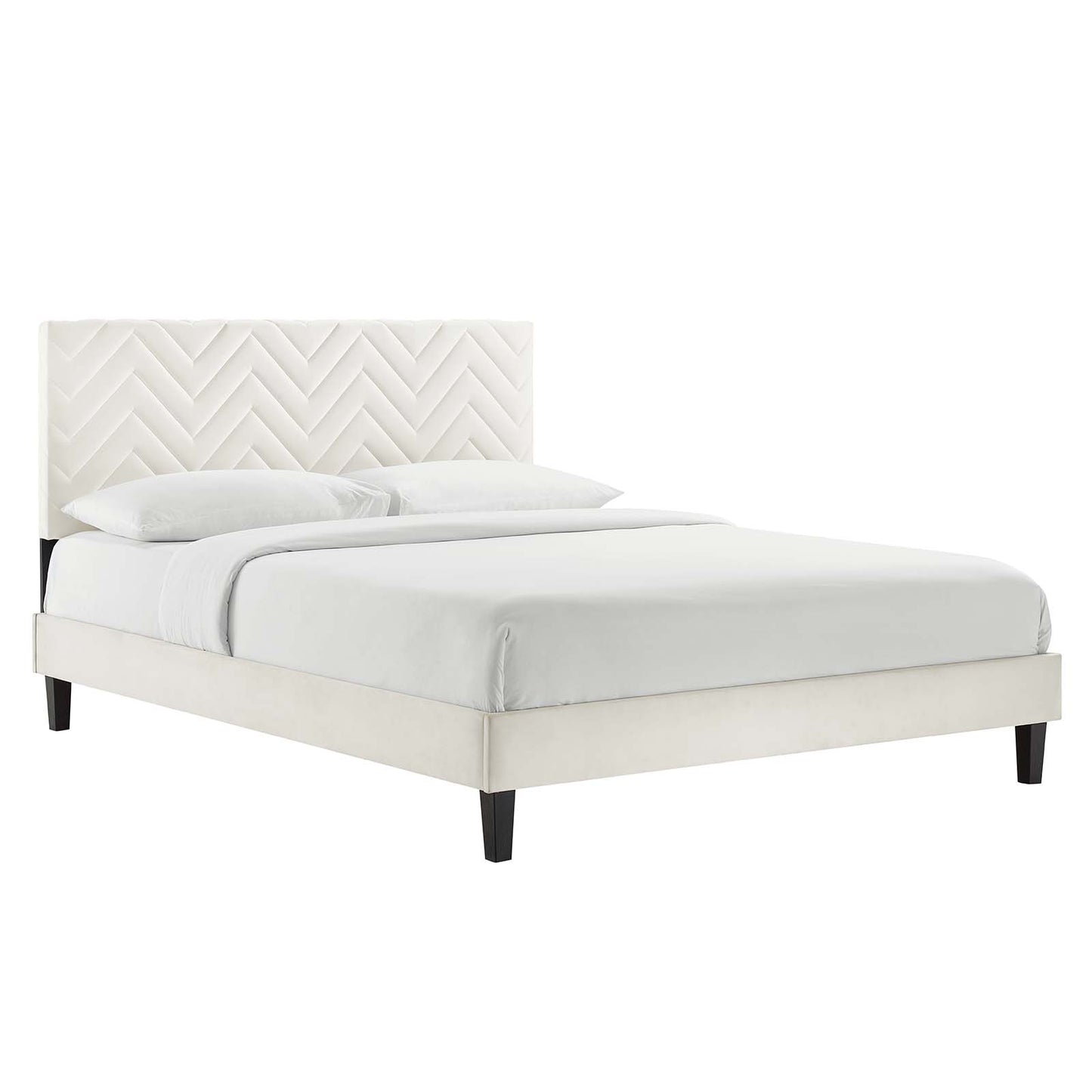 Leah Chevron Tufted Performance Velvet Queen Platform Bed White MOD-6973-WHI