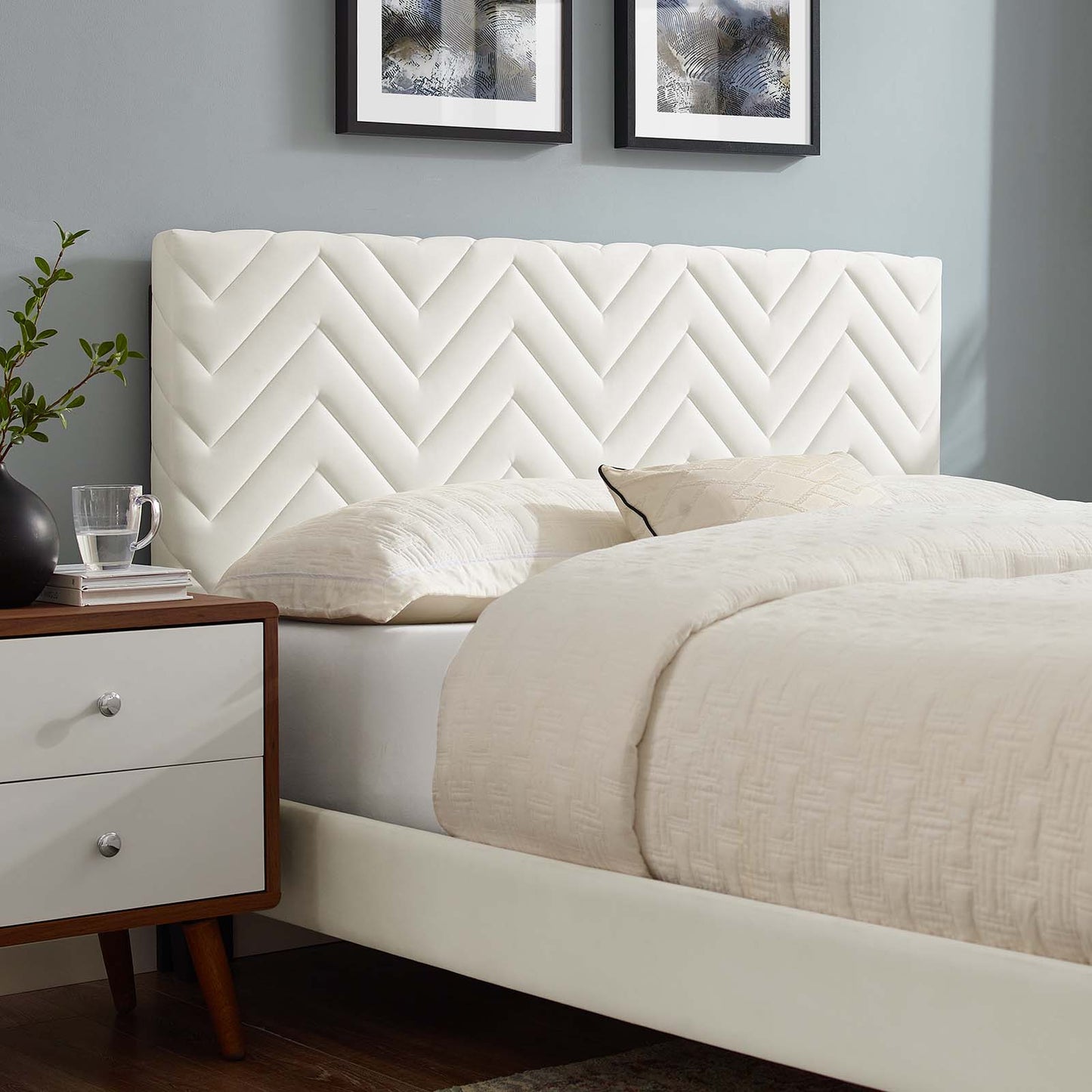 Leah Chevron Tufted Performance Velvet Queen Platform Bed White MOD-6973-WHI