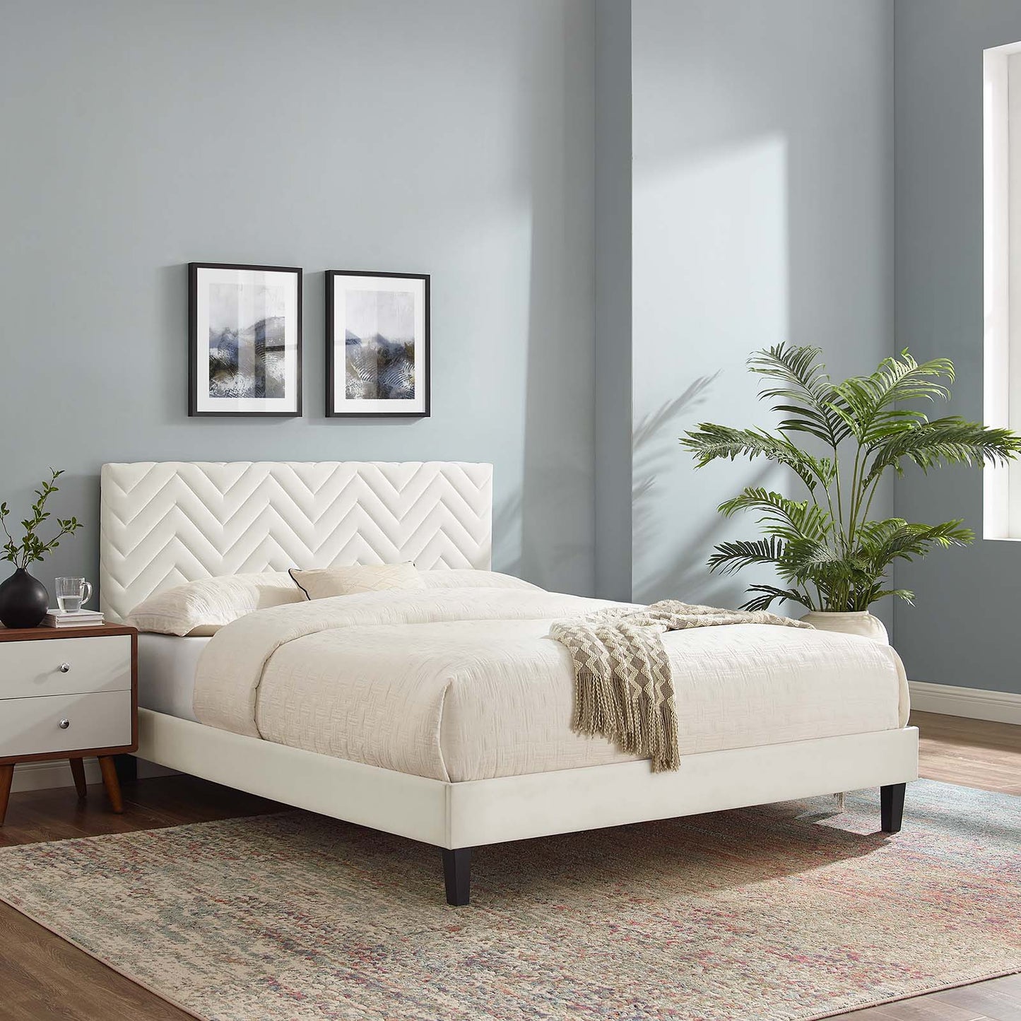 Leah Chevron Tufted Performance Velvet Queen Platform Bed White MOD-6973-WHI