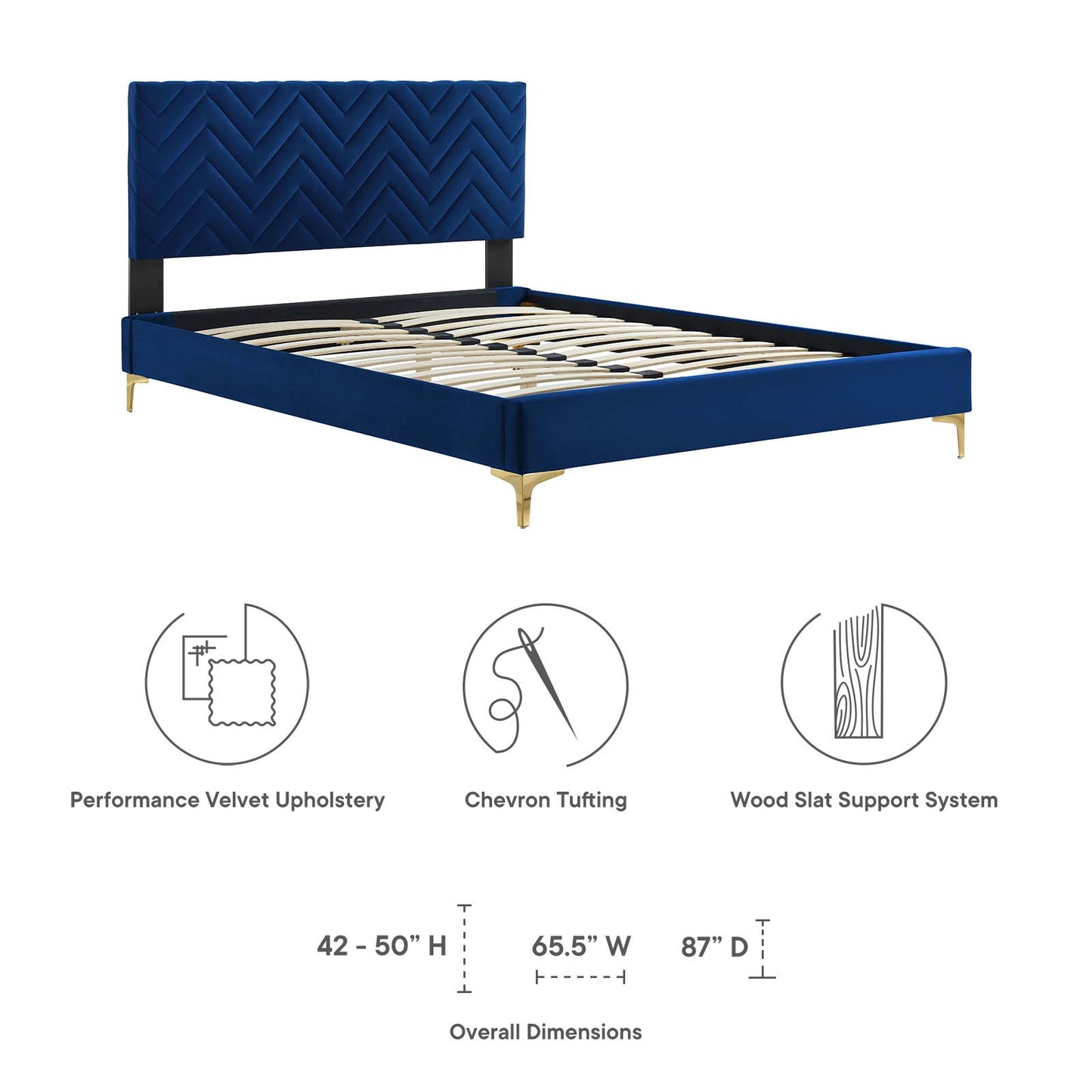 Leah Chevron Tufted Performance Velvet Queen Platform Bed Navy MOD-6977-NAV