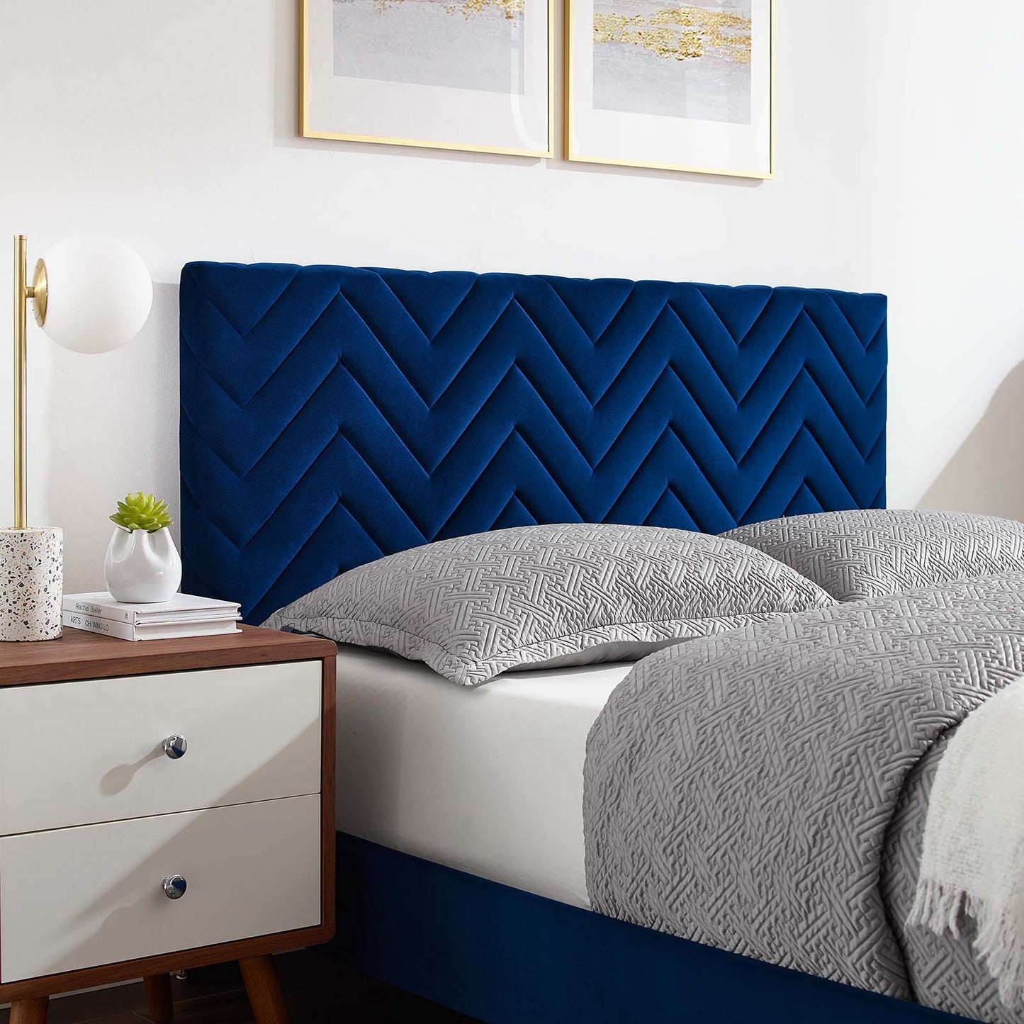 Leah Chevron Tufted Performance Velvet Queen Platform Bed Navy MOD-6977-NAV