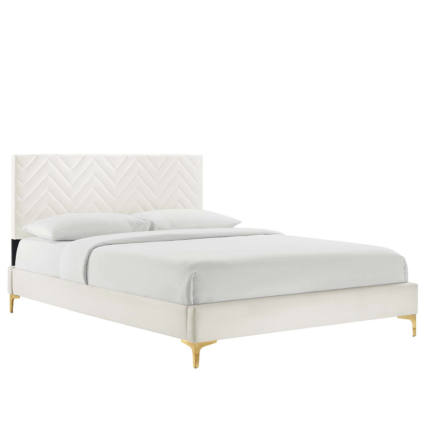 Leah Chevron Tufted Performance Velvet Queen Platform Bed White MOD-6977-WHI