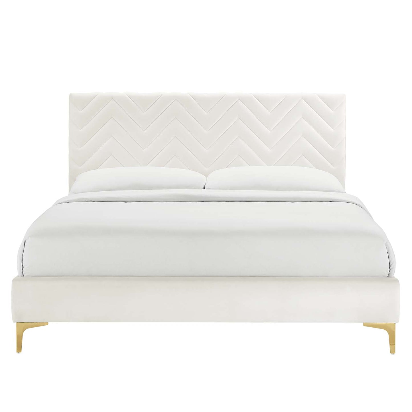 Leah Chevron Tufted Performance Velvet Queen Platform Bed White MOD-6977-WHI