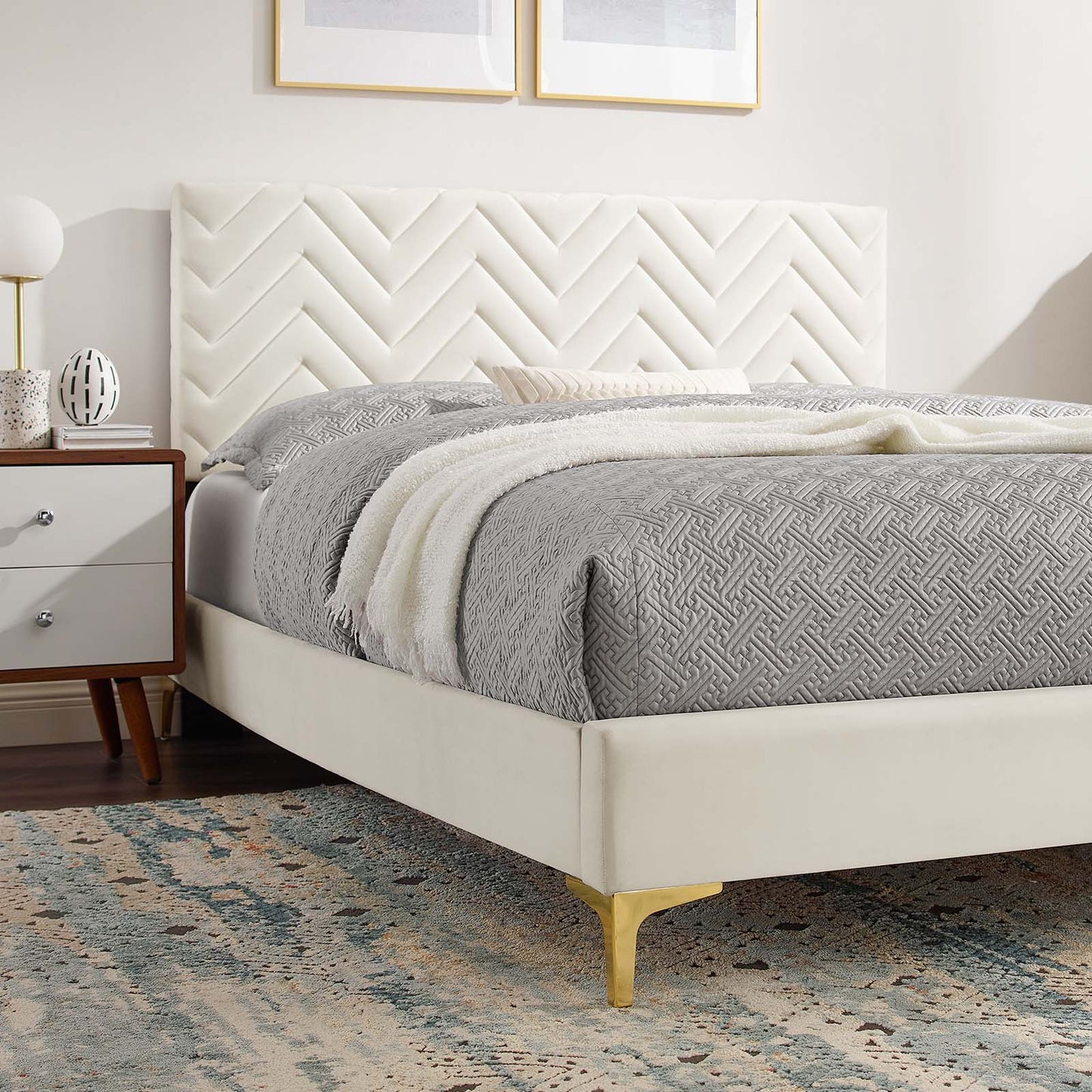 Leah Chevron Tufted Performance Velvet Queen Platform Bed White MOD-6977-WHI