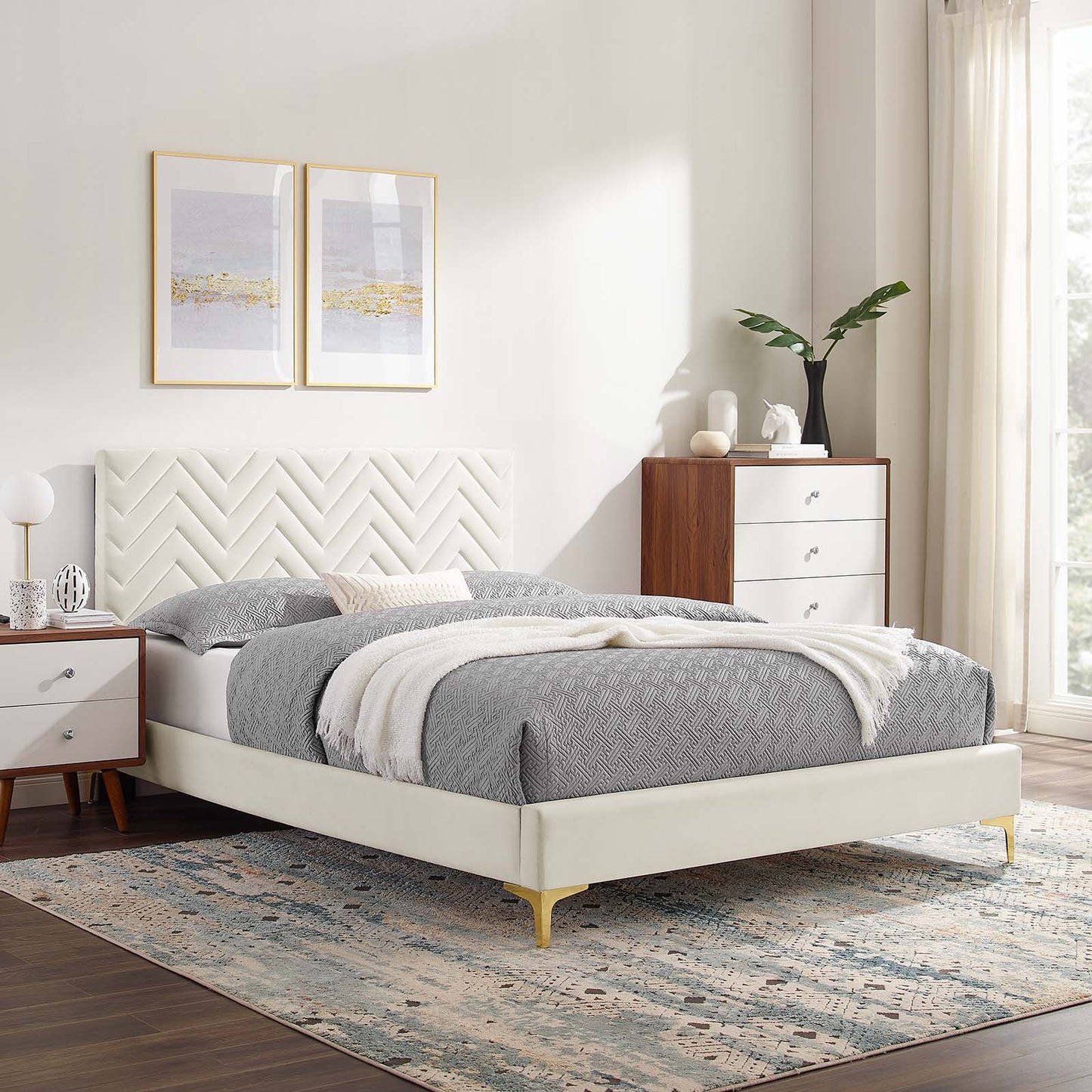 Leah Chevron Tufted Performance Velvet Queen Platform Bed White MOD-6977-WHI