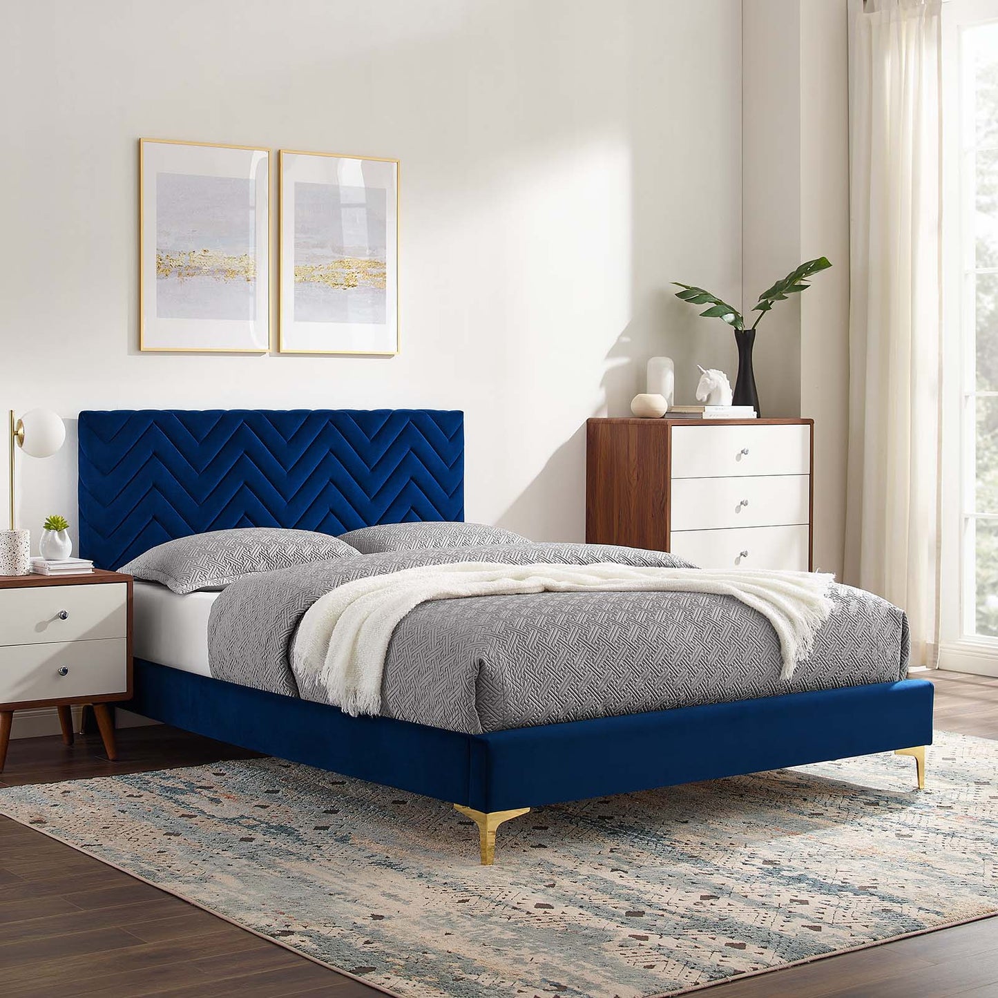 Leah Chevron Tufted Performance Velvet Full Platform Bed Navy MOD-6993-NAV