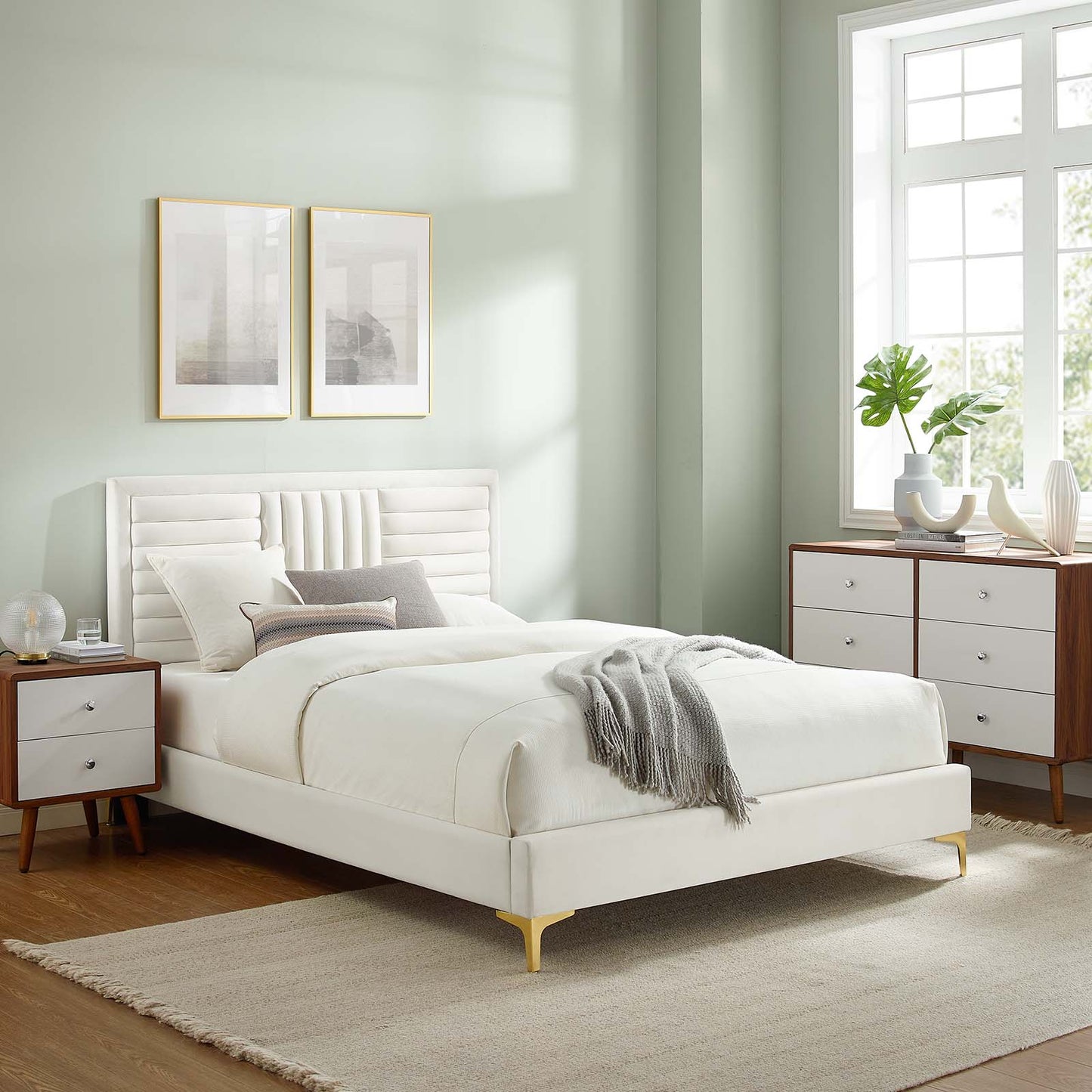 Sofia Channel Tufted Performance Velvet King Platform Bed White MOD-7007-WHI