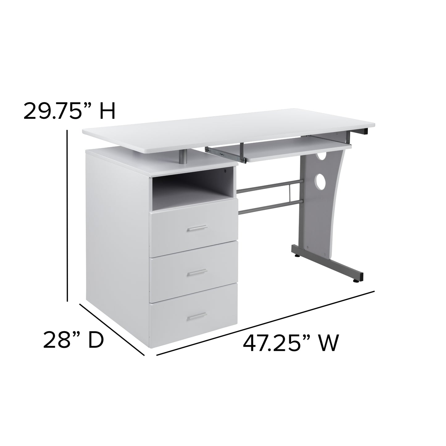 White 3 Drawer Pedestal Desk NAN-WK-008-WH-GG
