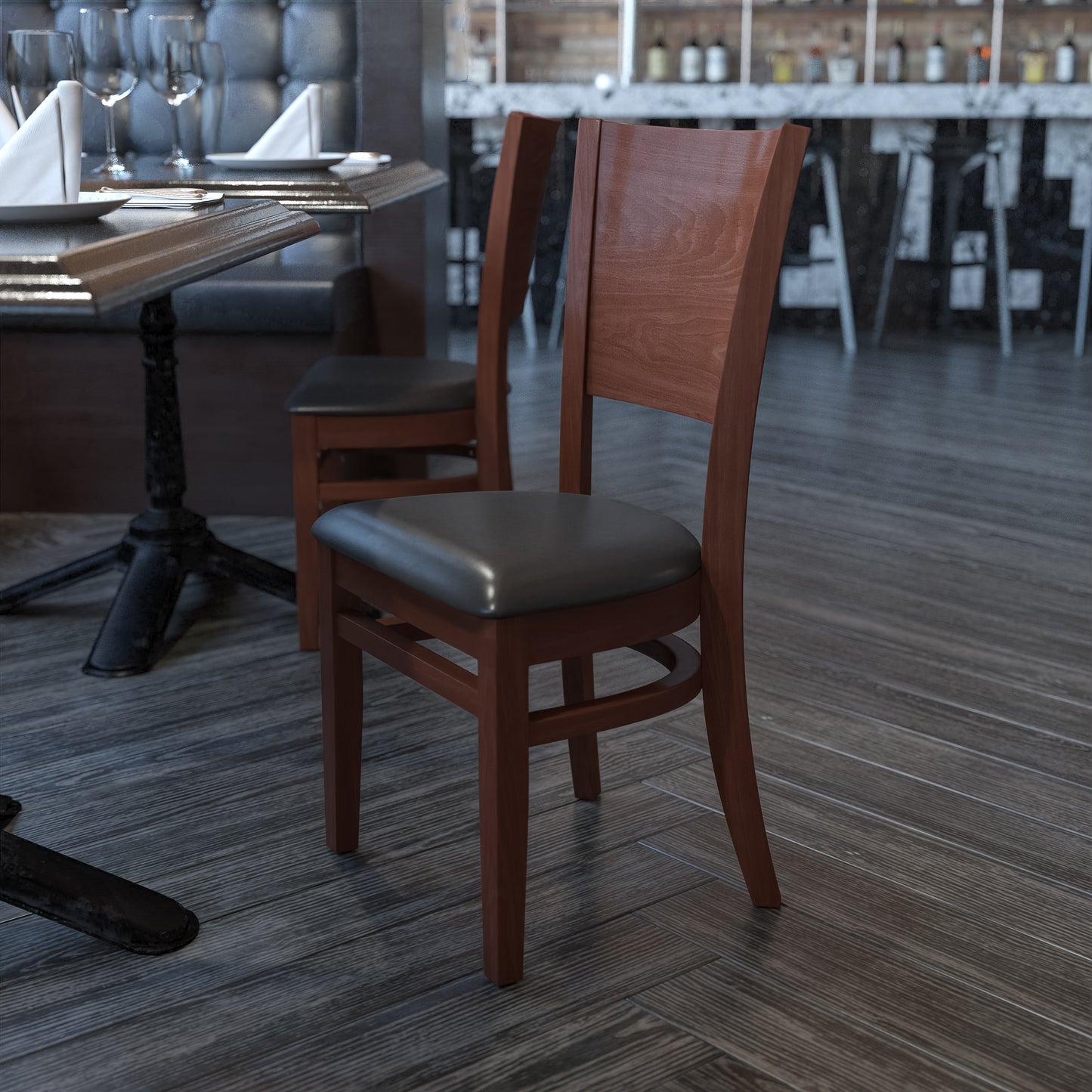 Mahogany and Walnut Wood Dining Chair with Vinyl Upholstery