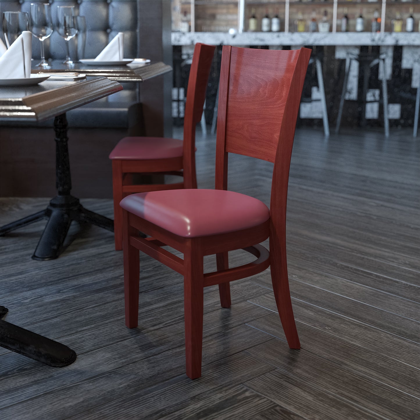 Mahogany and Walnut Wood Dining Chair with Vinyl Upholstery