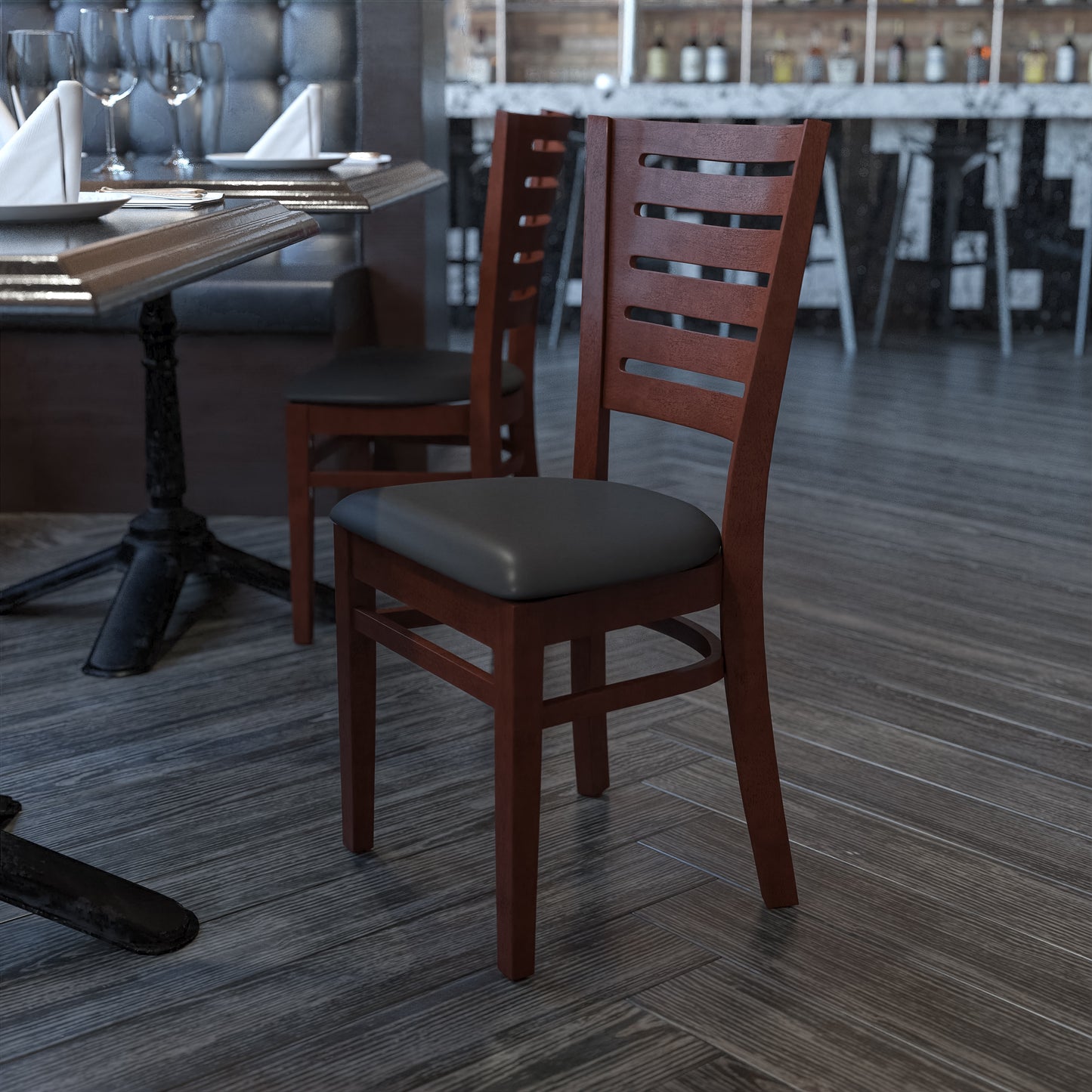 Mahogany and Walnut Wood Dining Chair with Vinyl Upholstery